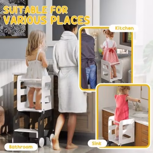 AIYAPLAY 4 in 1 Toddler Learning Tower Step Stool with Chalkboard in Grey and White – 8