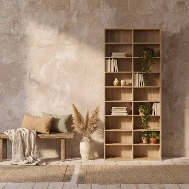 Wyld Haus Karave Wood Tall Media Storage Tower in Natural Brown with 640 Disc Capacity, H 175 x W 32 x D 78.5 cm – 1