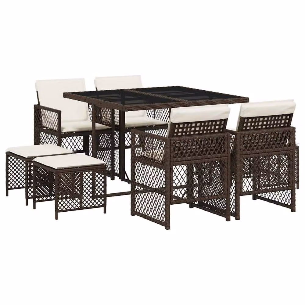 Berkfield Home 9 Piece Brown Poly Rattan Garden Dining Set with Cushions and Glass Tabletop – 2