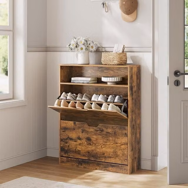 VASAGLE Modern Wide Shoe Cabinet in Bronze and Brown with 2 Tilting Compartments and Internal Shelves – 1