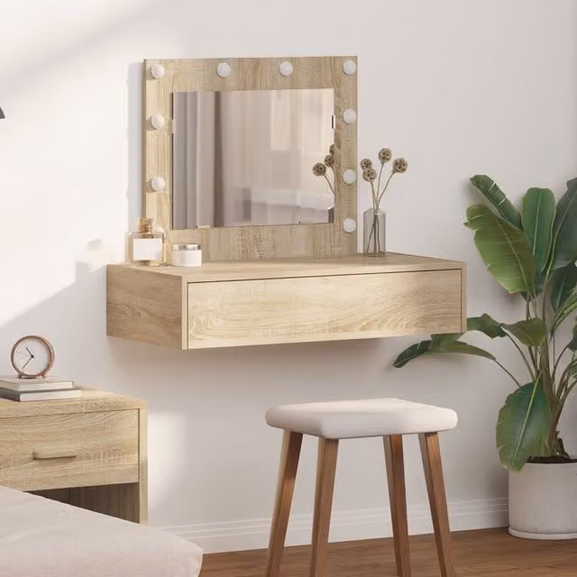 Berkfield Home Wall Hanging Dressing Table with LED Lights in Sonoma Oak and Beige – 1