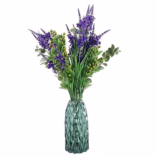 Leaf Design UK Mixed Green and Purple Artificial Flower Display with Round Glass Vase