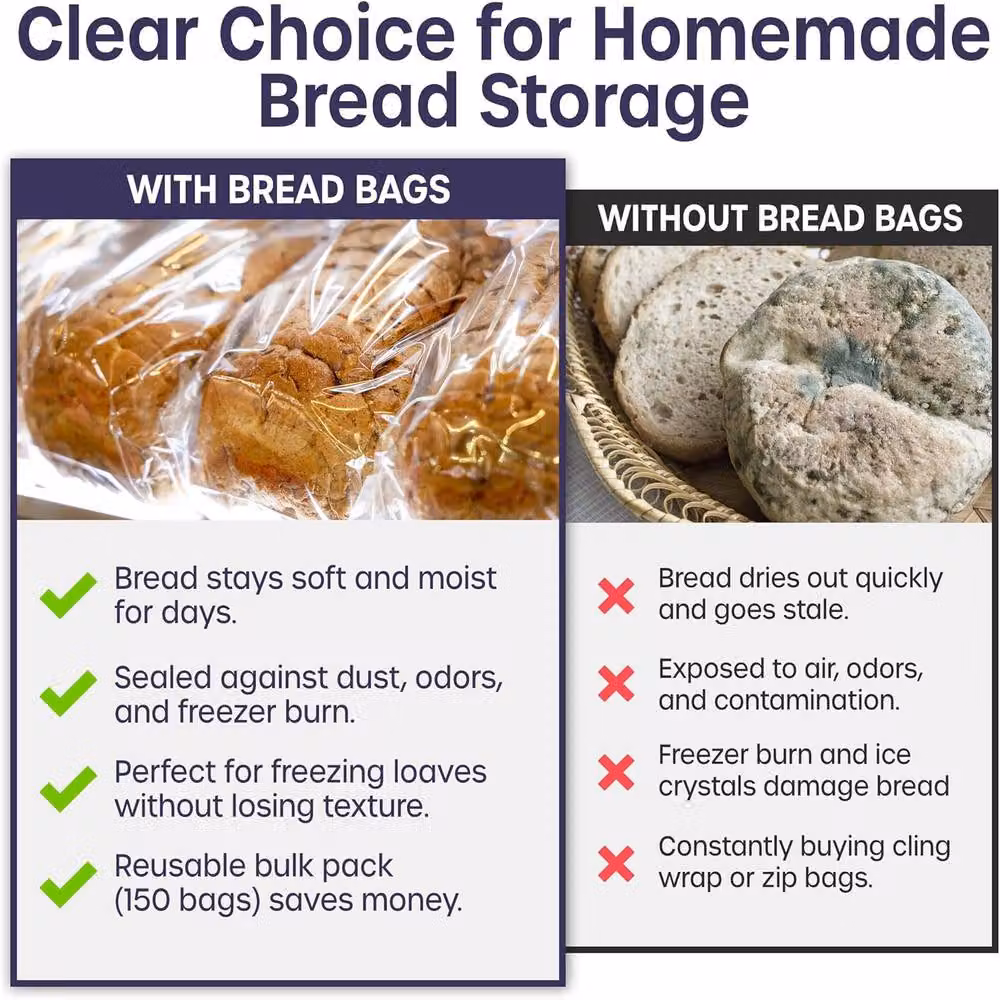 Volila Pack of 150 Transparent Airtight Plastic Bread Bags for Loaves, Buns and Baguettes, 45 cm – 3