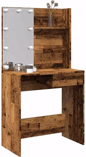 Berkfield Home Dressing Table with LED in Brown Old Wood, W/D/H: 74.5 x 40 x 141 cm