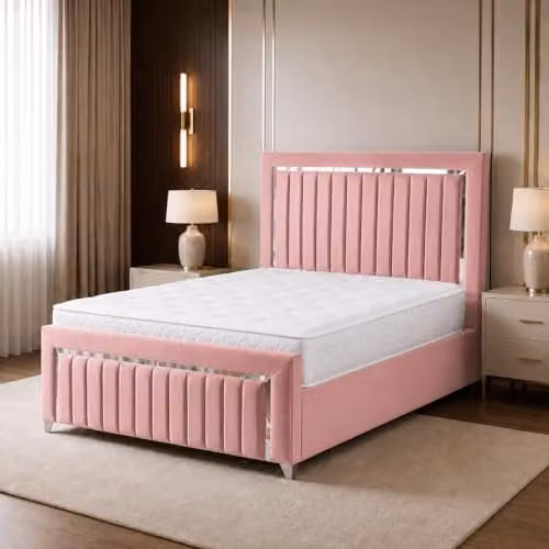 Living Comfort Bedz Zurich Plush Velvet Bed with Vertical Lined Headboard and Footboard in Pink with Silver Trim, 5FT King, W/D/H: 180 x 150 x 122 cm