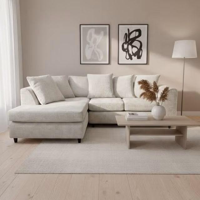 Abakus Direct Jumbo L-Shape Corner Sofa in White Soft Chenille with Left-Hand Chaise and Scatter Cushions