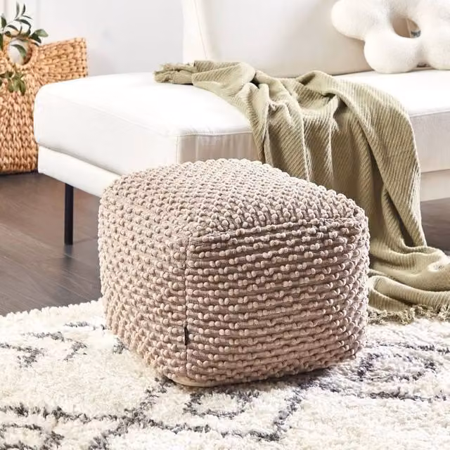 Wyld and Coco Handwoven Cotton Pouf Ottoman in Beige, W/D/H: 50 x 50 x 35 cm – 1