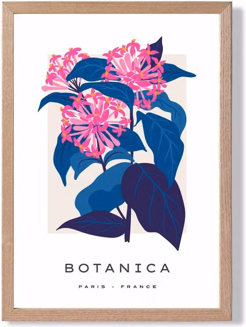 ARTZE Blue and Pink Cornflower Flower Market Gallery Framed Botanical Print with Oak Frame