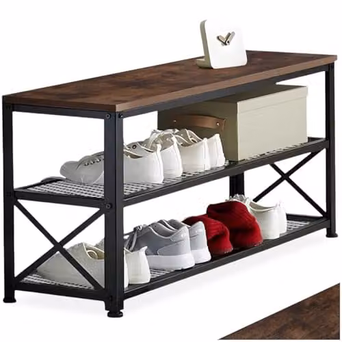 tectake 3-Tier Industrial Shoe Rack with Wood-Look Top Shelf and 2 Grid Shelves, Black W/D/H: 101 x 30.5 x 45.5 cm – 1