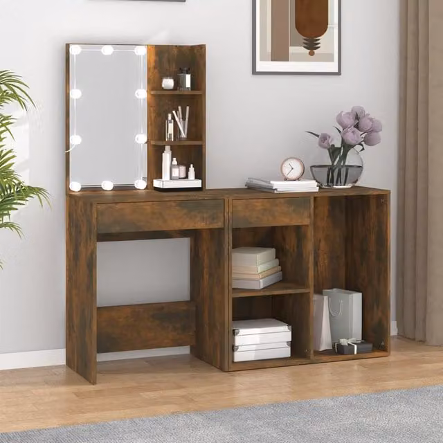 Berkfield Home LED Dressing Table with Cabinet in Smoked Oak Brown – 1