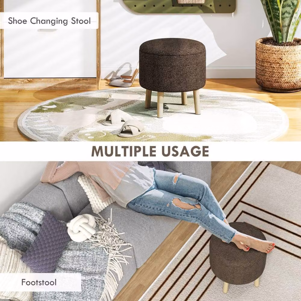 Wyld Haus Roli Round Storage Ottoman in Dark Brown Linen Look, W/D/H: 40 x 40 x 39 cm – 5