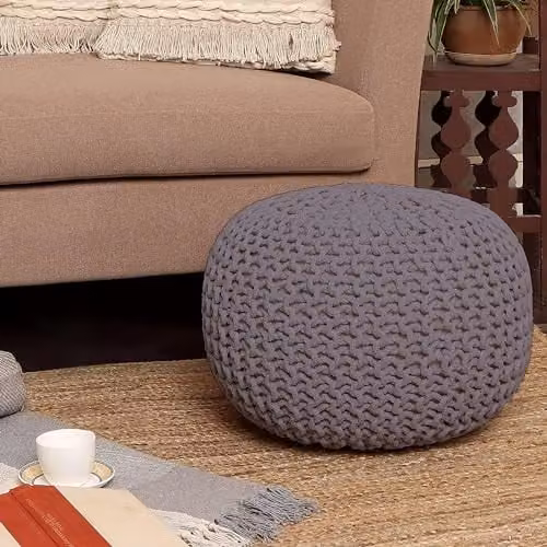 Home Sweet Home UK Handmade Large Chunky Knitted Round Pouffe Ottoman in Grey 100% Cotton – 7