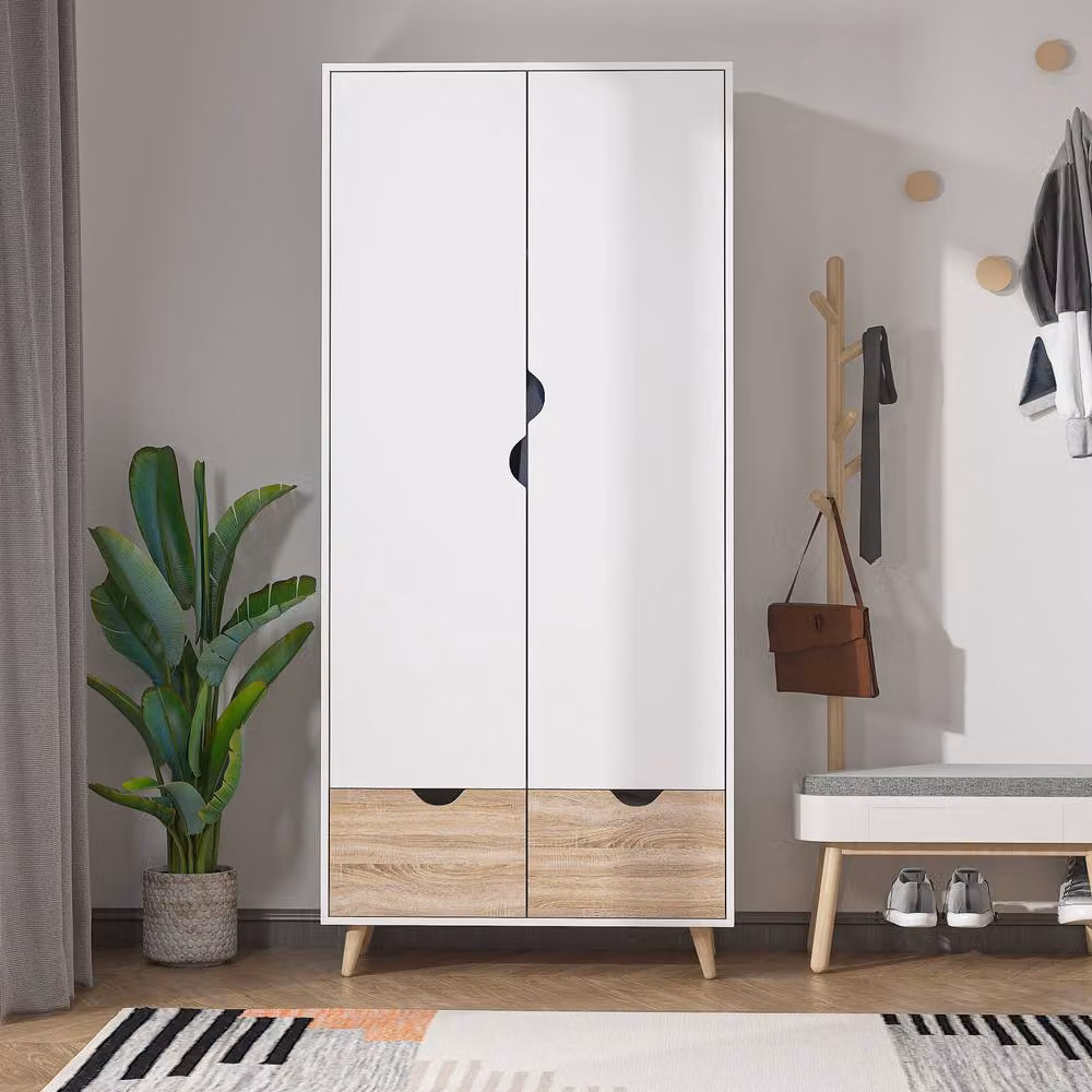HOMCOM White 2 Door Clothes Wardrobe with Hanging Rod, Internal Shelves and 2 Drawers – 2