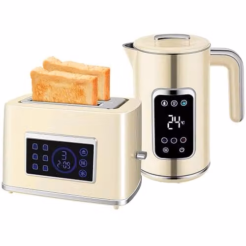 HOMCOM Kettle and Toaster Set with LED Touch Screen, Beige