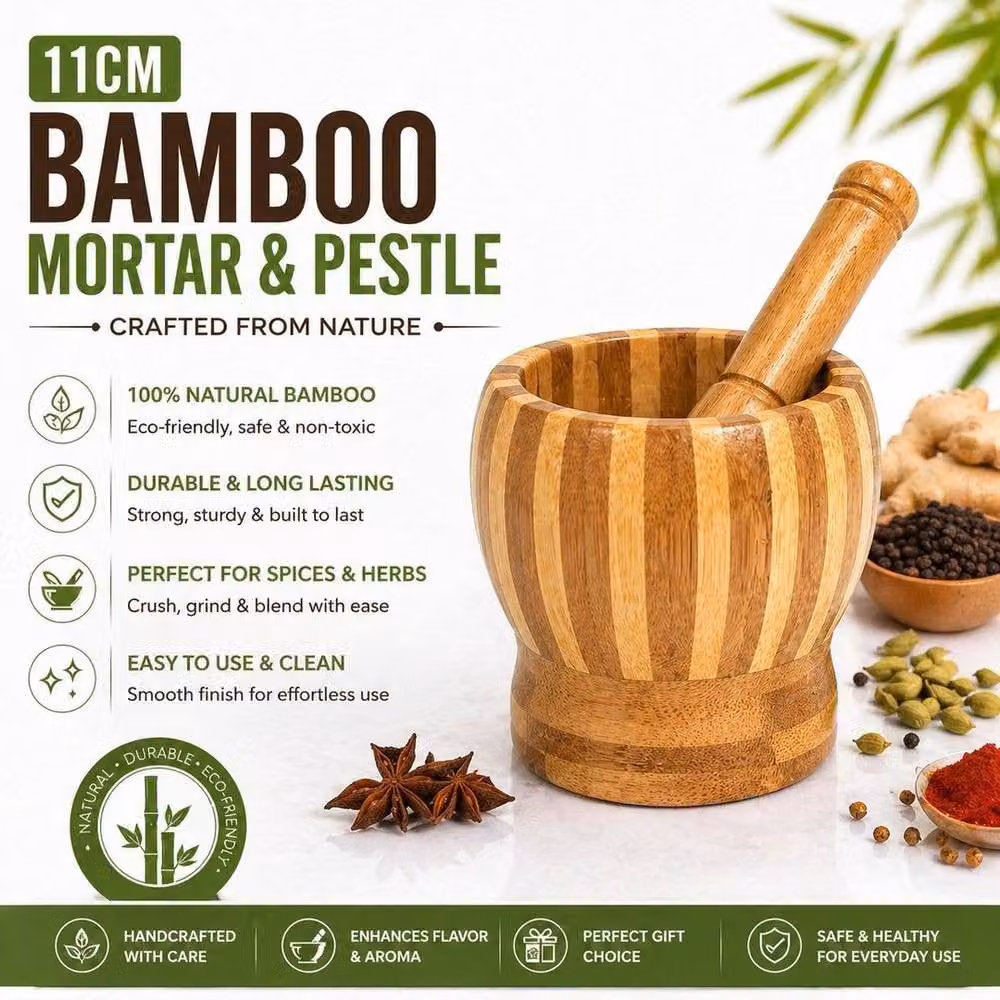 PAWNORA Bamboo Pestle and Mortar Set in Natural Brown, Diameter: 11 cm – 2