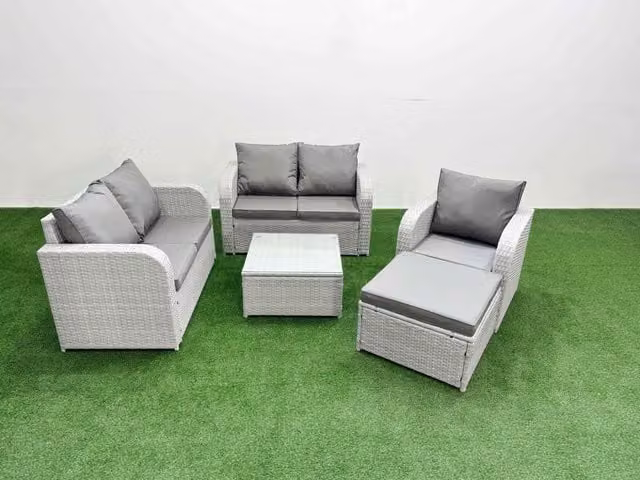 Fimous Poly Rattan Garden Furniture Set in Light Grey with Reclining Chair, 2-Seater Sofa, Coffee Table and Ottoman