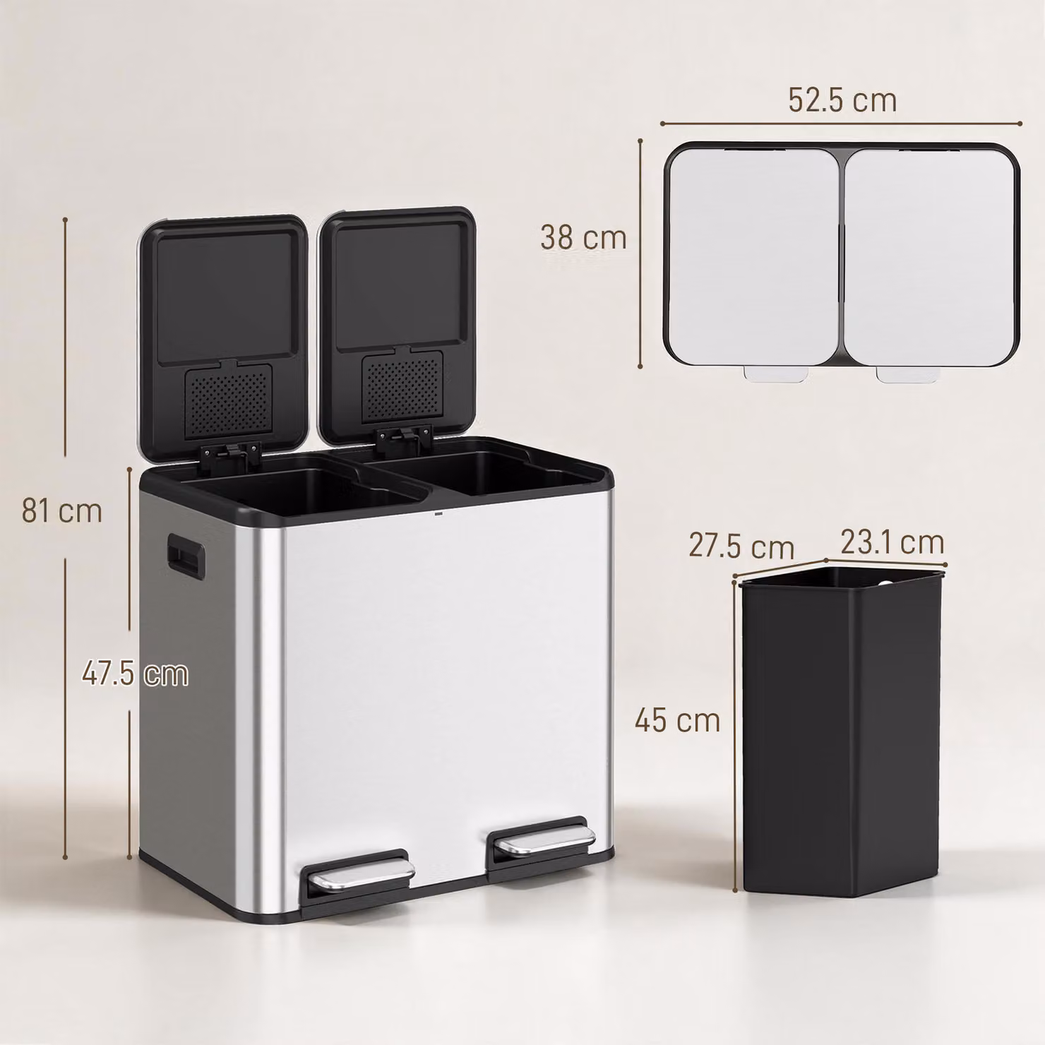 HOMCOM Double Kitchen Bin with Dual 20L Compartments, Stainless Steel Pedal Rubbish Bin with Soft Close Lids and Odour Filter, Silver Tone – 3