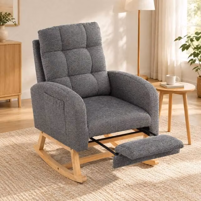 STILVORA Grey Fabric Rocking Chair with Adjustable Footrest and Side Pockets