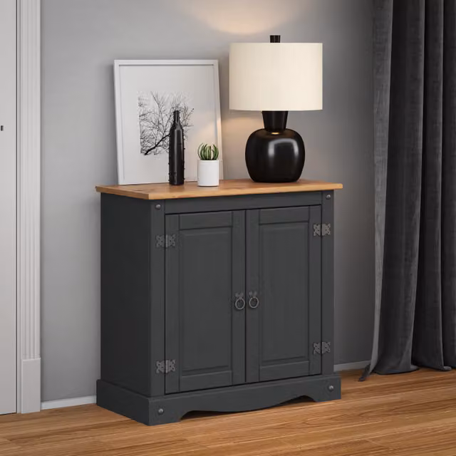 Mercers Furniture Corona 2 Door Small Sideboard Cabinet in Distressed Charcoal Wax Solid Pine Wood
