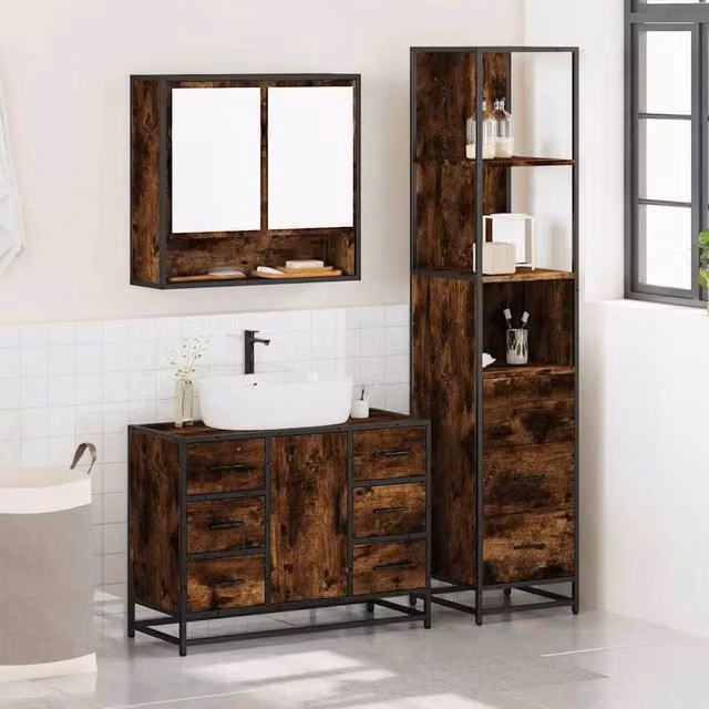 Berkfield Home 3 Piece Industrial Bathroom Furniture Set in Brown Smoked Oak