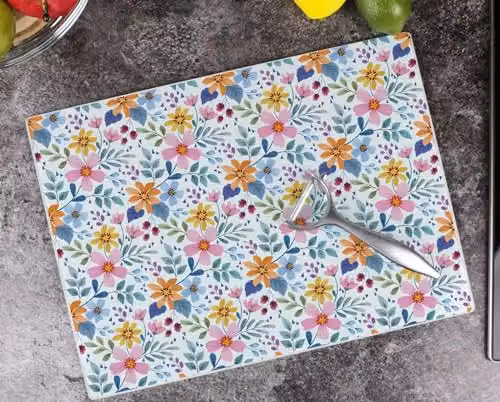 Purely Home Multicoloured Pink Floral Rectangular Glass Worktop Protector with Non-Slip Feet, W: 39 cm, D: 28.5 cm – 2