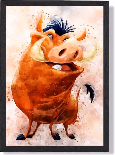 ARTZE Pumba Watercolour Lion King Framed Print, Multicolour, A3, Black and Brown Frame