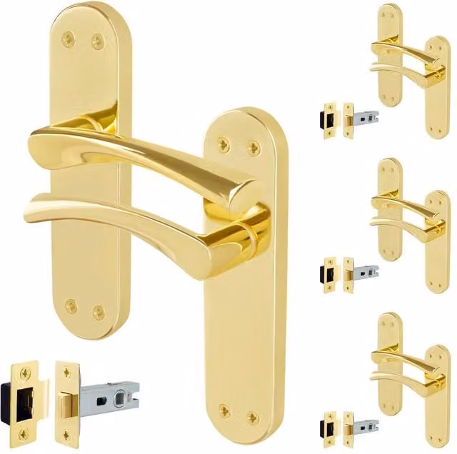 AFIT Polished Brass Twist Door Handle and Latch Set with Long Backplate, Gold, 4 Pairs