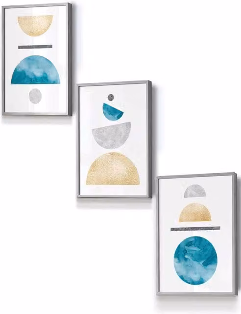 ARTZE Mid Century Abstract Geometric Framed Wall Art in Yellow, Aqua Blue and Grey, W: 33 cm, H: 45 cm, D: 0.2 cm