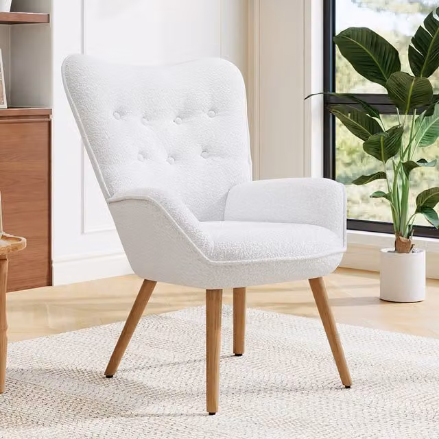 Komore White Tufted Linen Armchair with Armrests and Wooden Legs