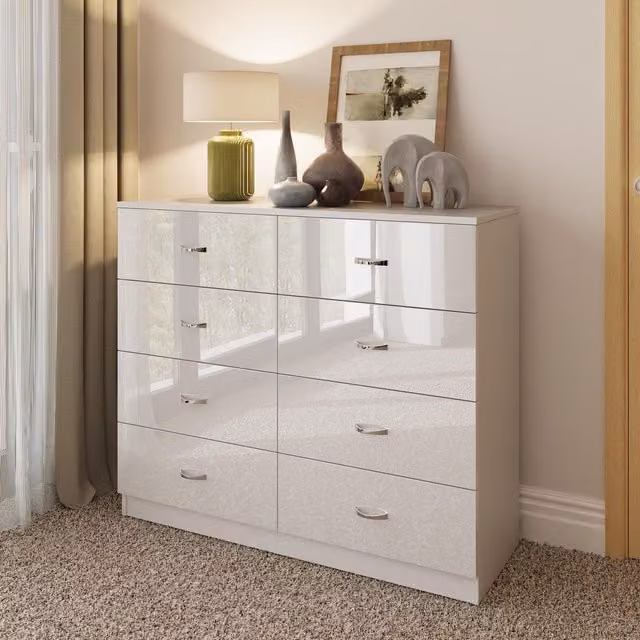 FWStyle Chilton White Gloss 8 Drawer Chest H 73.5cm x W 104cm x D 40cm – 1