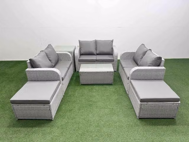 Fimous 8 Seater PE Wicker Rattan Garden Furniture Set in Light Grey with Rectangular Coffee Table, 2 Seater Love Sofa, 2 Footstools and Side Table