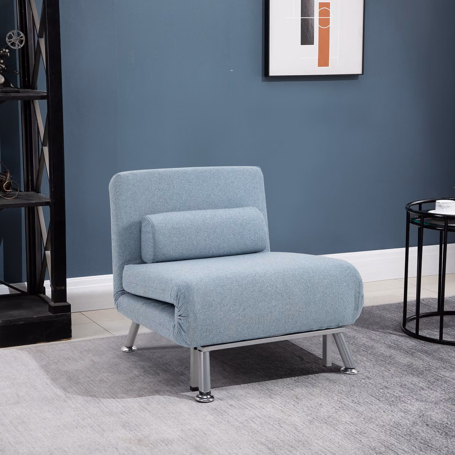 HOMCOM Foldable Single Sofa Bed Chair in Blue with Microfibre Fabric and Metal Frame – 2