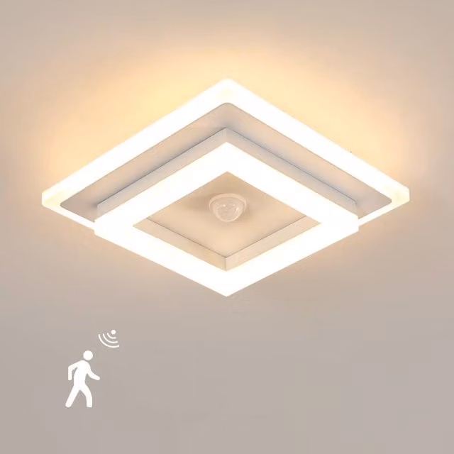 Pheashine White Square LED Ceiling Light with Motion and Dusk Sensor, 26W, 3000K Warm White