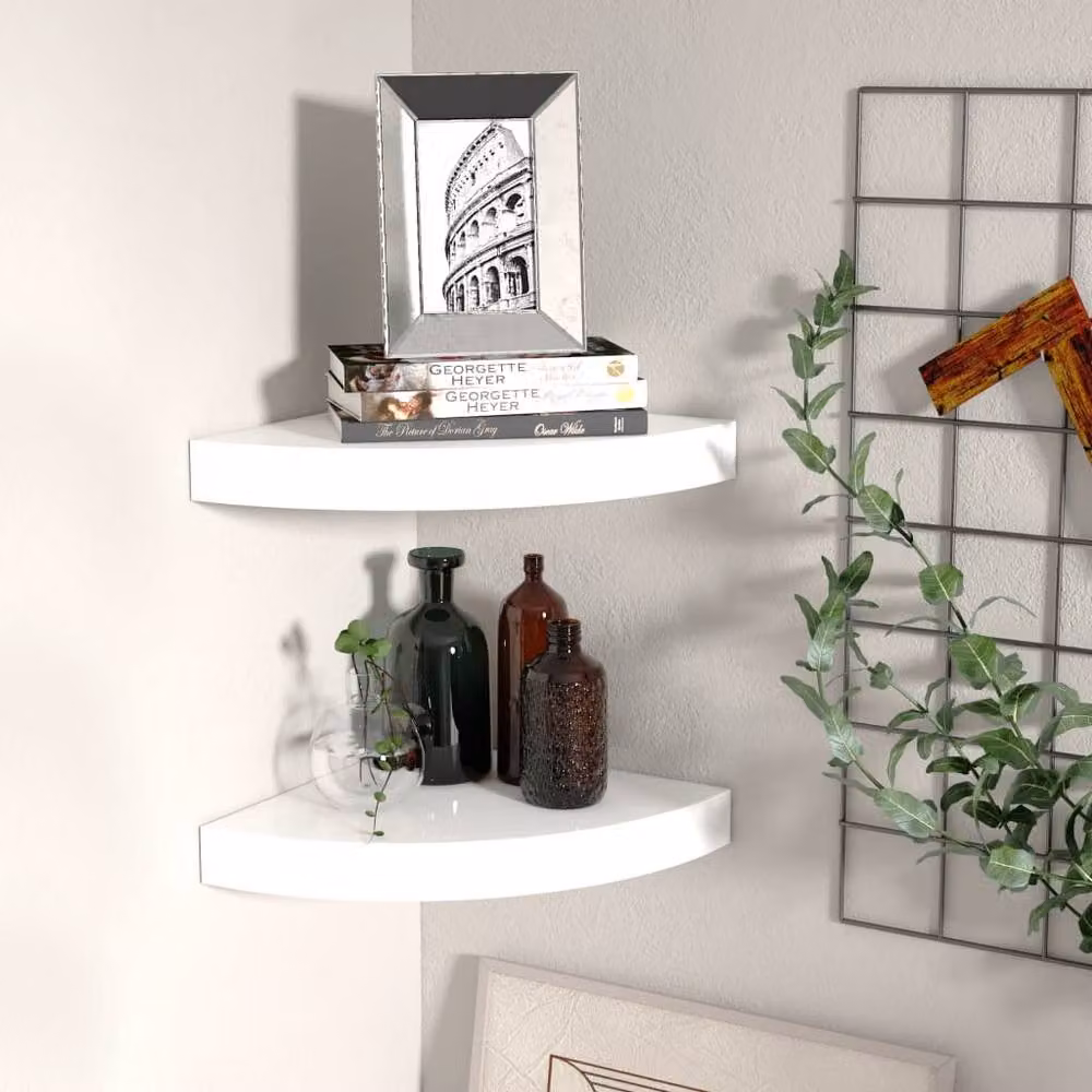 Berkfield Home High Gloss White Floating Corner Shelves, 2 Pack, W/D/H: 25 x 25 x 3.8 cm – 2