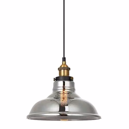 Netlighting Industrial Hanging Pendant in Black and Gold with Smoky Glass Shade, E27 Dimmable