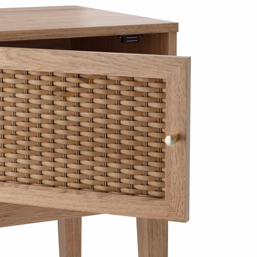 Wyld Haus Waterford Oak and Rattan Bedside Table with 1 Door in Natural Sand – 3