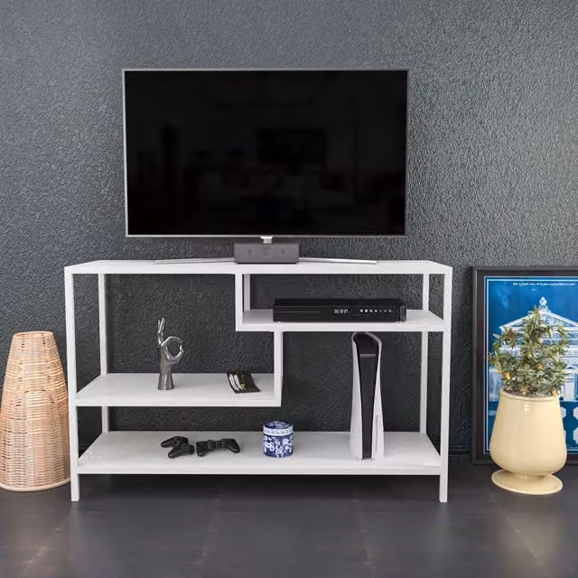 Robbins Industrial Modern TV Unit in White and Brown with Media Compartments, W/D/H: 120 x 39 x 75 cm