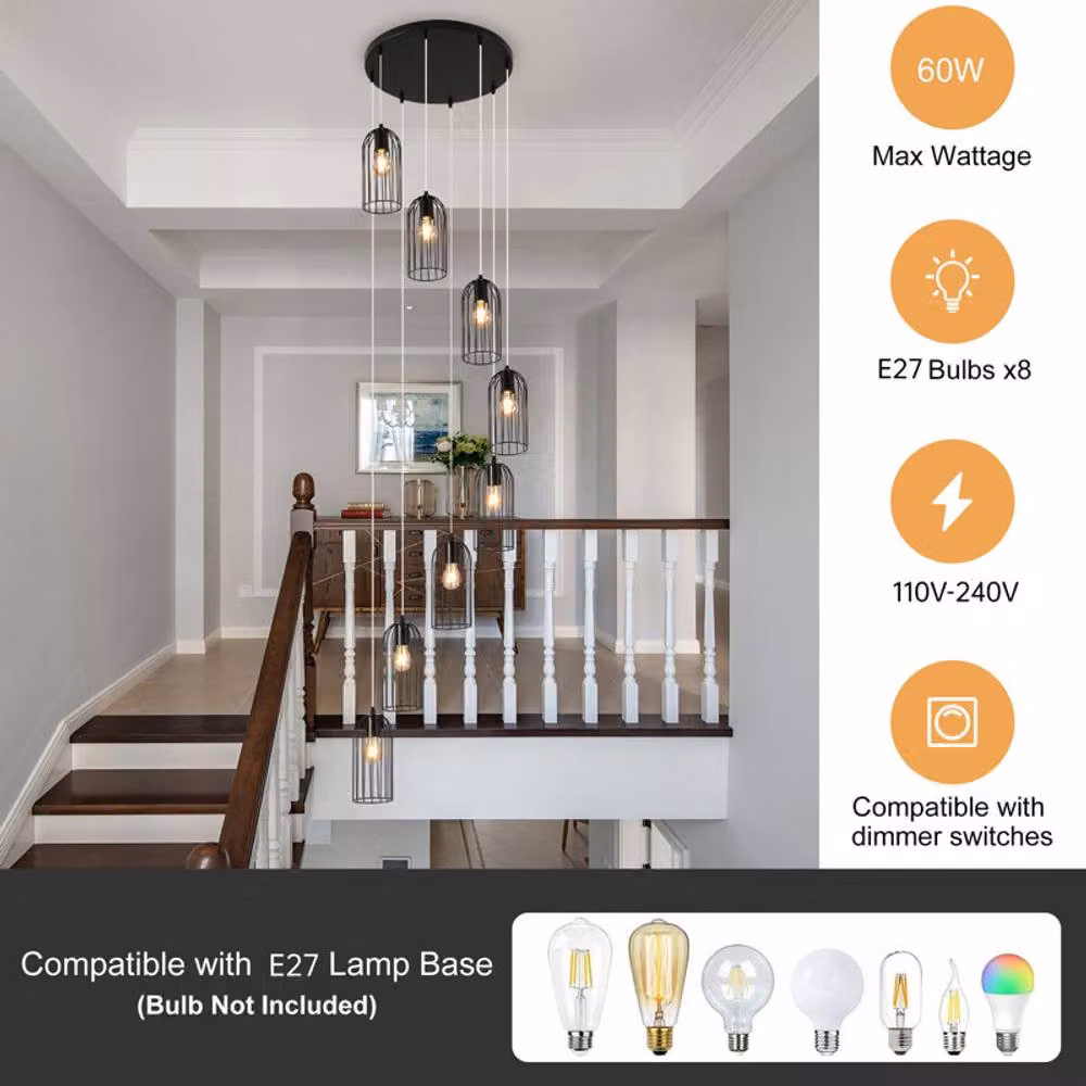 Garwarm 8 Light Modern Caged Pendant Light in Black, Industrial Metal Suspended Chandelier for Staircases and Dining Rooms – 4