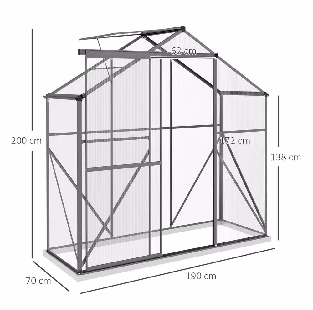 STILVORA Grey Walk-In Greenhouse with Aluminium Frame, Polycarbonate Panels, Sliding Door, Window and Rain Gutter, Height: 190 cm – 2