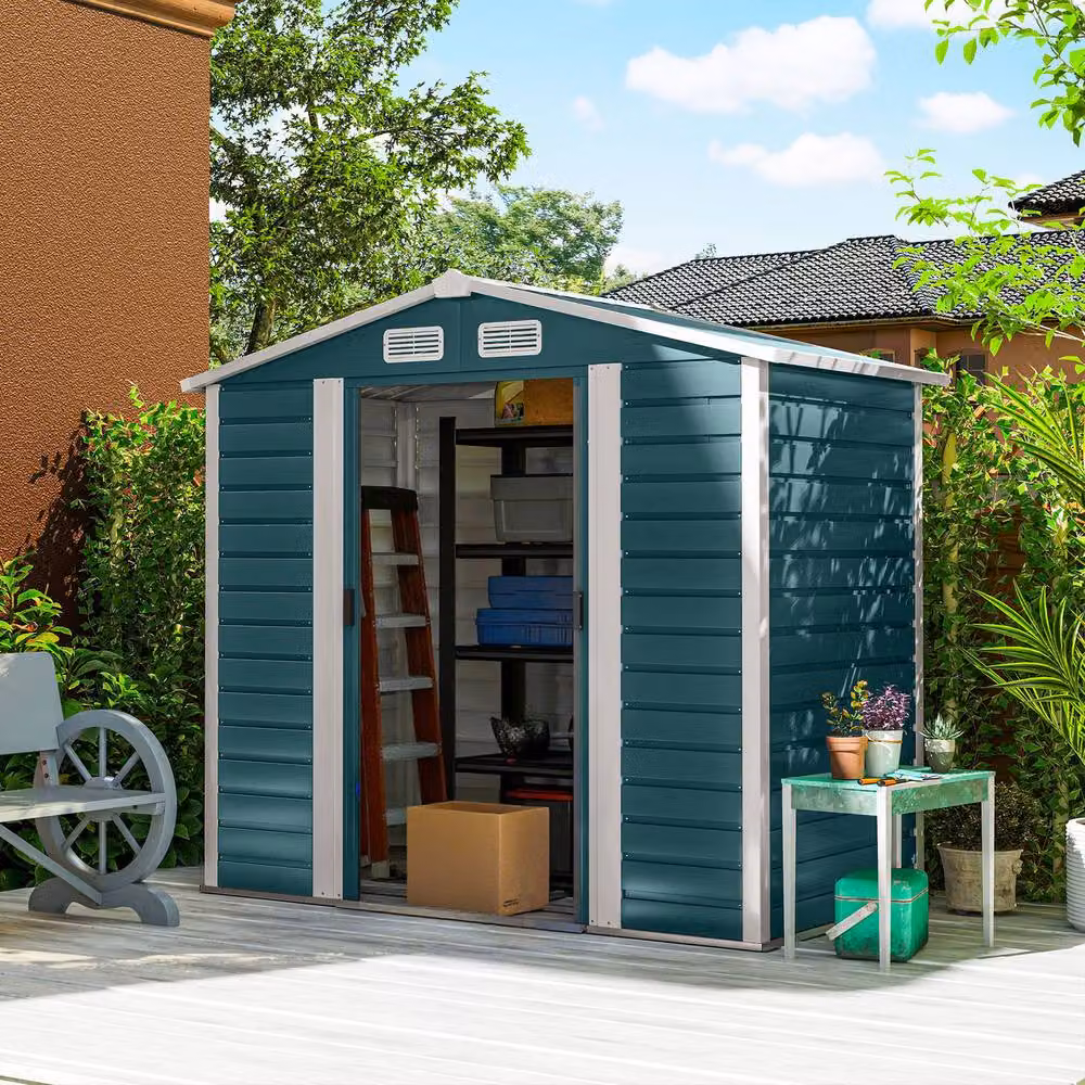 Rolipo Green Galvanised Steel Garden Shed with Foundation Kit and Lock, W: 213.4 cm, D: 121.9 cm – 2