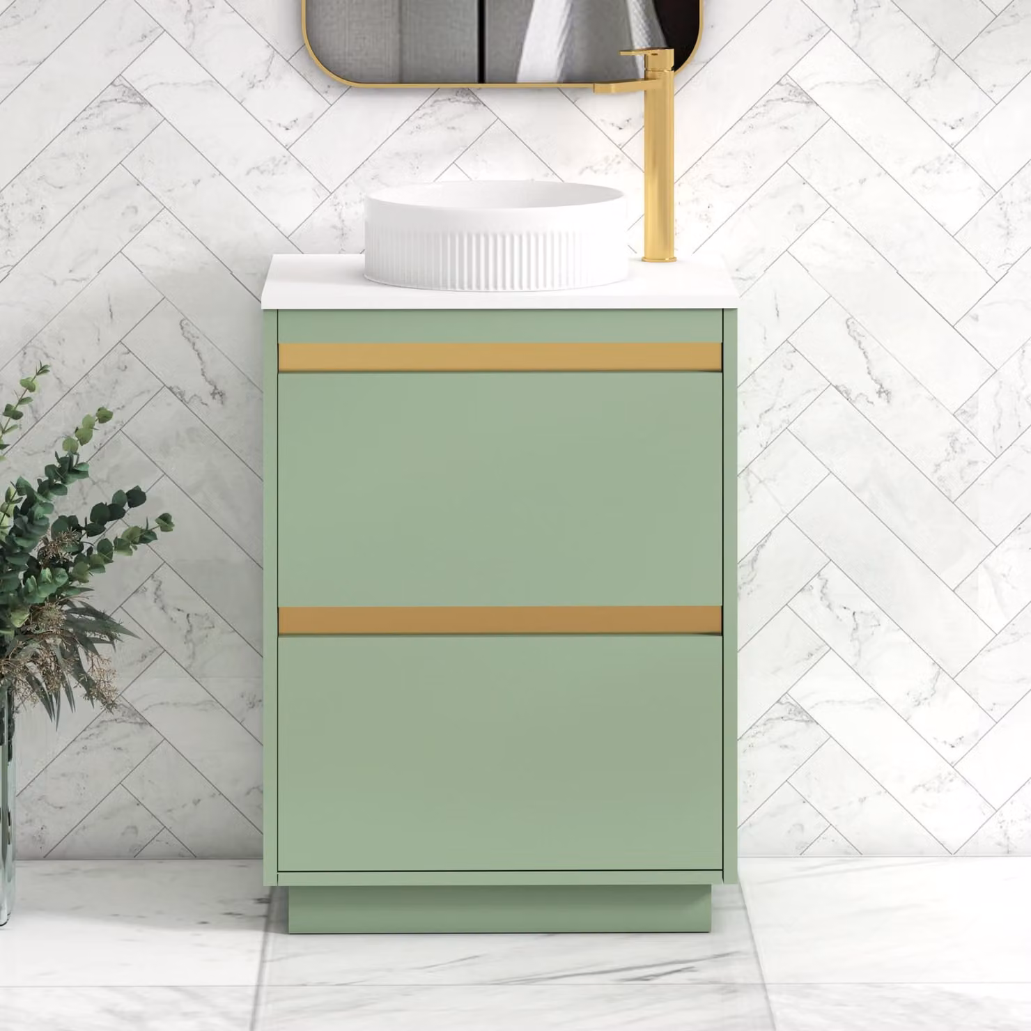 Royal Bathrooms Orion 600mm Mint Sage Floor Standing 2 Drawer Vanity Unit with Round Basin and Brushed Brass Accent Trim