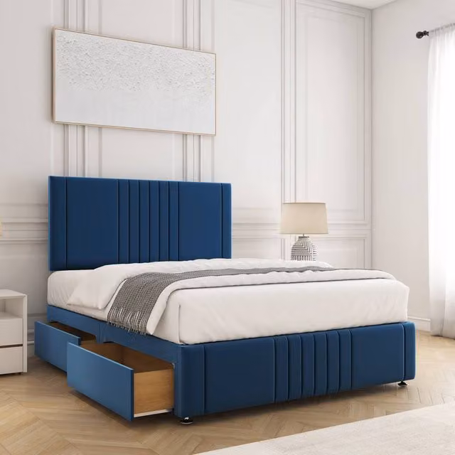 BSSPOKE Hazel King Size Divan Bed with 24 inch Headboard, 2 Drawers, Footend and Mattress in Blue Plush Velvet