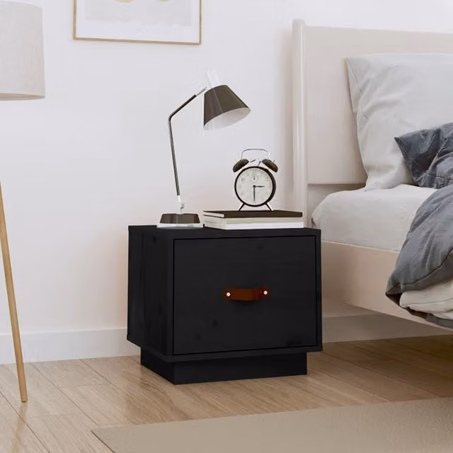 Berkfield Home Black Rustic Solid Wood Pine Bedside Cabinet W: 40 cm, D: 34 cm, H: 35 cm