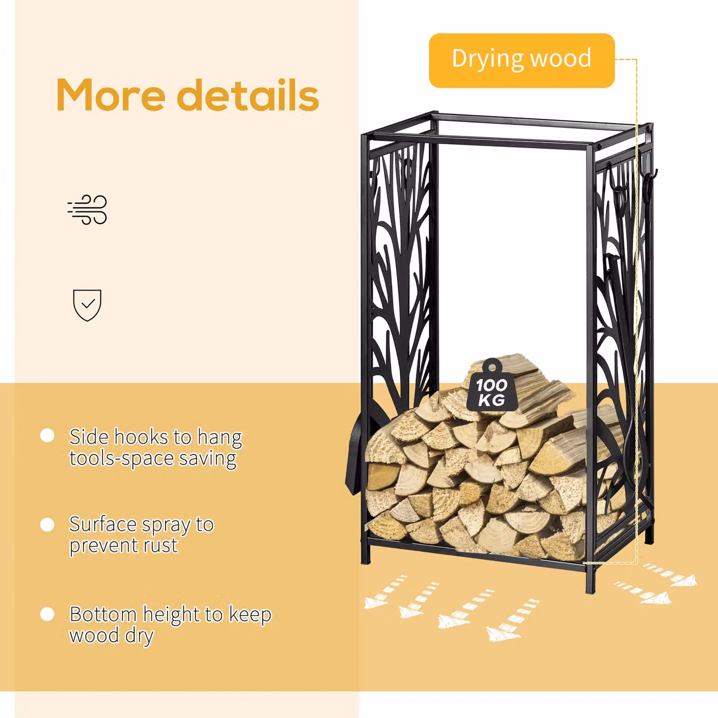 HOMCOM Heavy Duty Steel Firewood Log Rack and Wood Storage Holder with 4 Tools in Black – 4