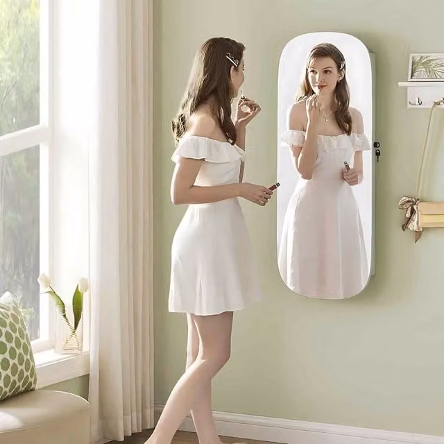 The Bazaarist Lockable LED Mirror Jewellery Cabinet in Laurel Green and Cream White, W/D/H: 42 x 10 x 108 cm