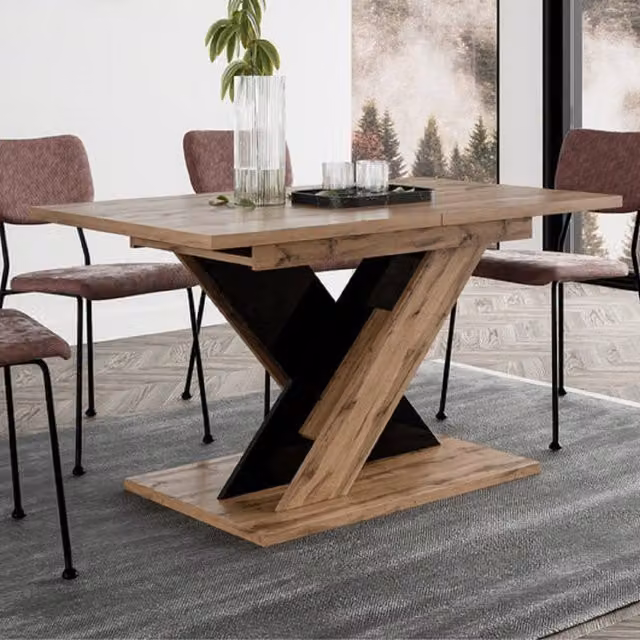 PHD Furniture TOXX Extendable Rectangular Dining Table in Wotan Oak and Black Gloss, W: 120 cm, D: 120 cm, H: 76 cm (Extends to 160 cm)