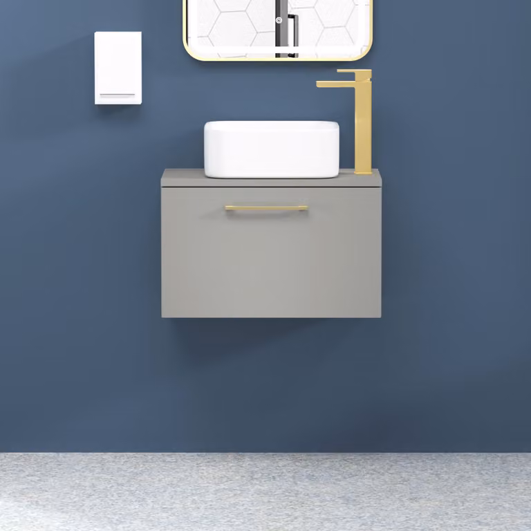 Royal Bathrooms Modena 800mm Wall Hung 1 Drawer Vanity Unit in Satin Grey with Brushed Brass Handle