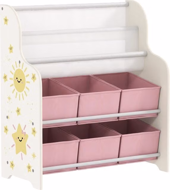AIYAPLAY Kids Toy Storage Unit with 6 Fabric Drawers and 2-Tier Sling Book Rack, Pink