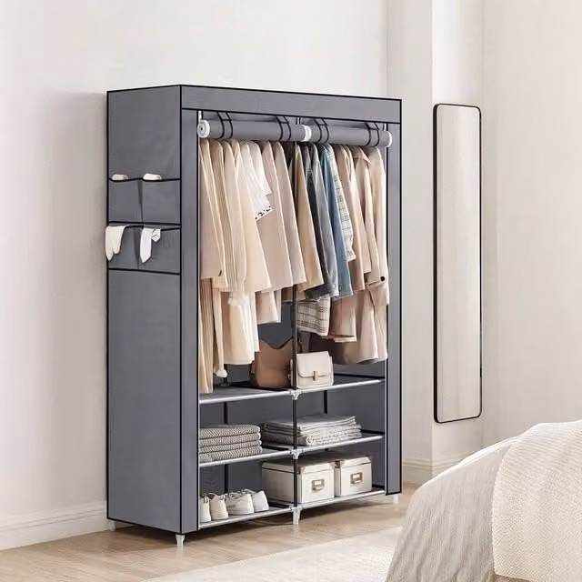 SONGMICS Portable Clothes Wardrobe in Grey with Hanging Rod and Internal Shelves, W/D/H: 45 x 45 x 176 cm