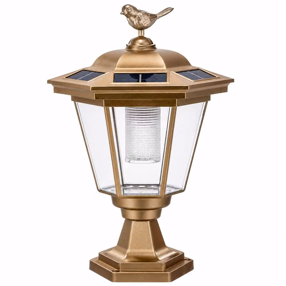 GWSOLAR Solar Bird Pattern Pillar Lamp in Gold with Warm White Light, IP44 Waterproof Garden Post Lantern with Dusk to Dawn Sensor – 2